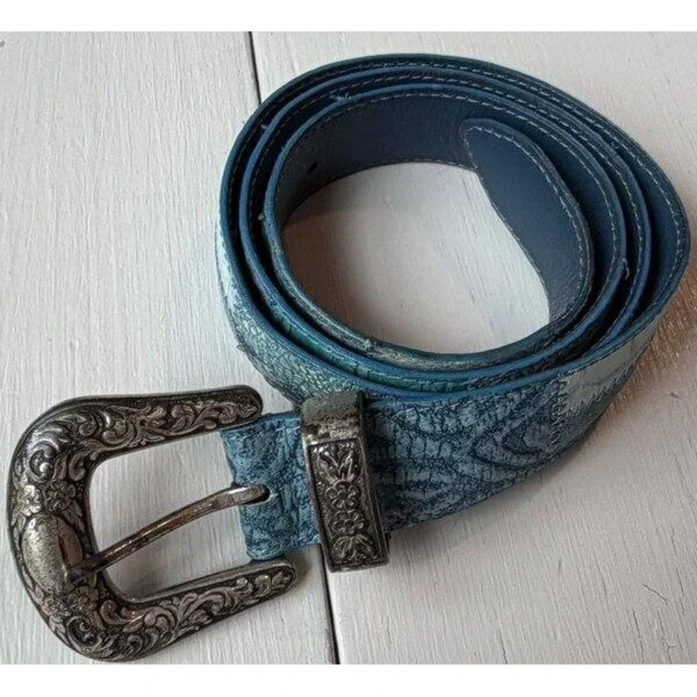 Vtg Nanni Turquoise Blue Patchwork Leather Metallic Belt Brass Buckle Length 40